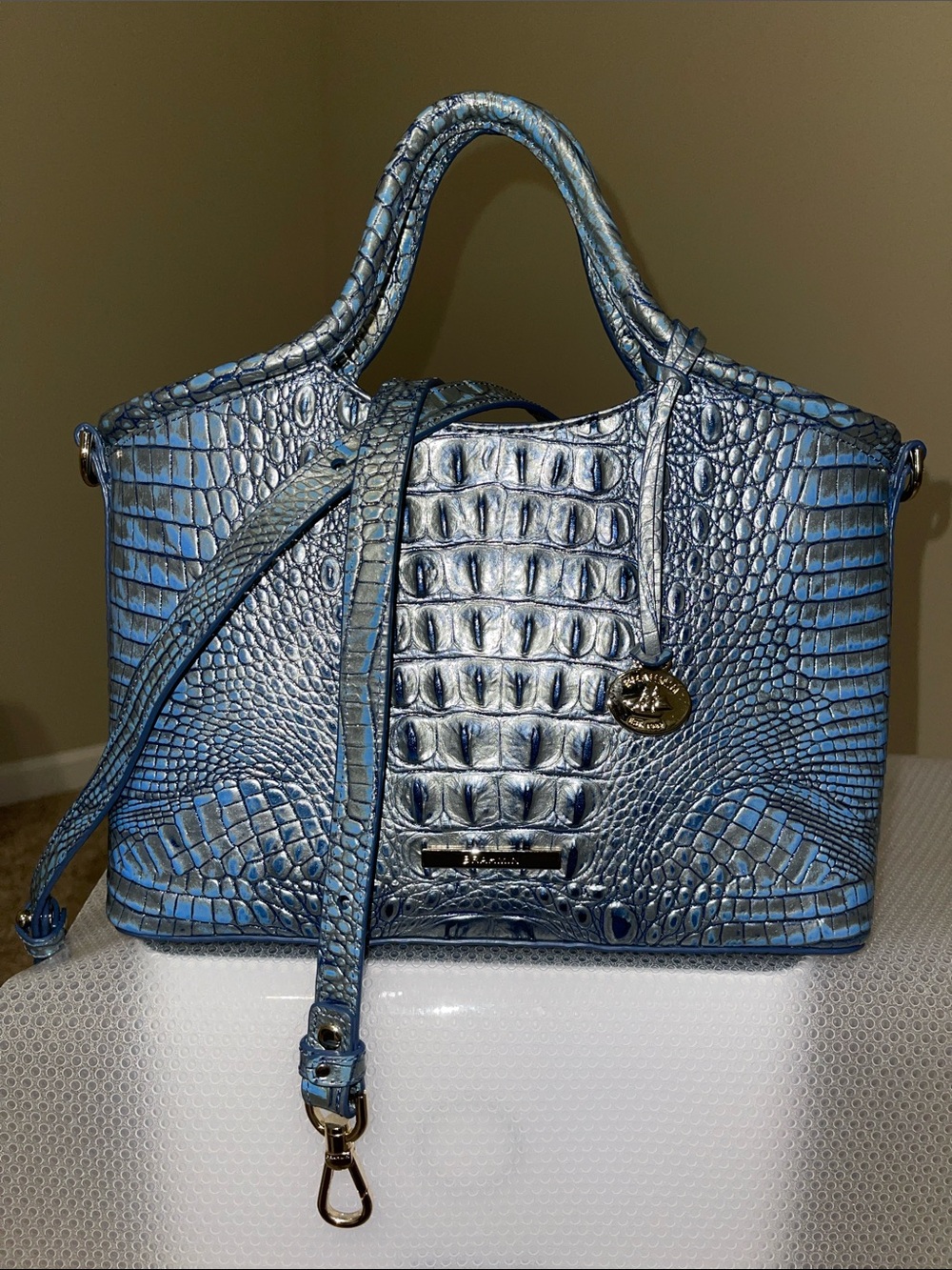 Brahmin Blue Croc-Embossed Satchel with Gold Charm - Picture 4 of 5
